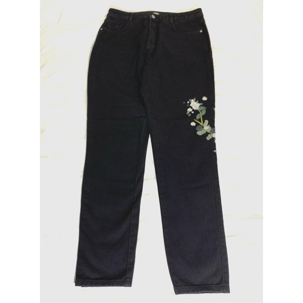 Missguided Women's Black Jeans Size 8 Floral Embroidery Cotton